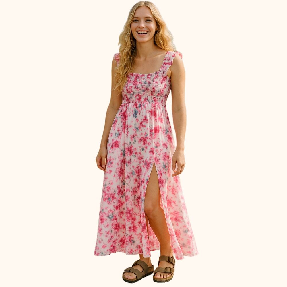 NEW AREA STARS Kaia Tie Dye Smocked Midi Dress In Multi Large Fairy Babydoll